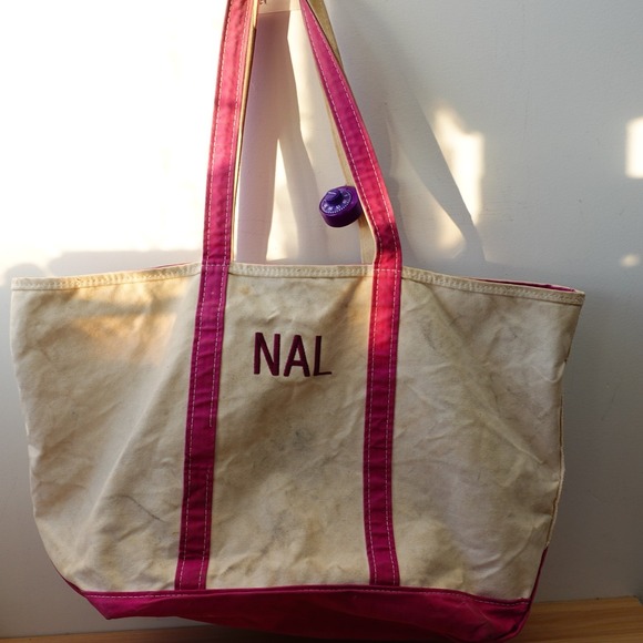 Vintage LL Bean Boat and Tote Bag XL Pink Cream Canvas Zip Top Weekender USA